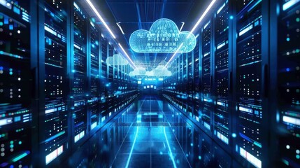 Fototapeta premium Close-up of a futuristic data center with sleek server racks glowing in blue LED lights, digital cloud symbols floating above, representing cloud computing and data integration
