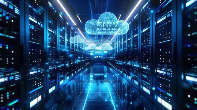 Close-up of a futuristic data center with sleek server racks glowing in blue LED lights, digital cloud symbols floating above, representing cloud computing and data integration