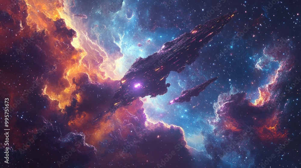 Poster A Silhouetted Spaceship Soaring Through a Starry Nebula