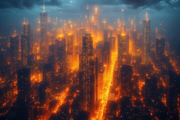 Fototapeta premium aerial view of a smart city at night glowing with data visualization interconnected buildings and streets form a living network of light and information