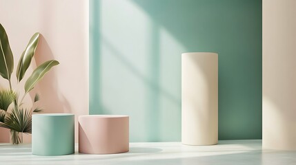 Minimalist Abstract Architecture with Pastel and Neon Lighting Featuring Geometric Shapes, Circular Platforms, and Soft Shadows for Futuristic and Artistic Stage Design