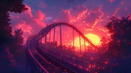 Obraz premium Shadowy Roller Coaster Tracks Winding Through the Vibrant Sky at Sunset