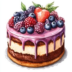 Delicious cake topped with berries and strawberry, white isolated background.