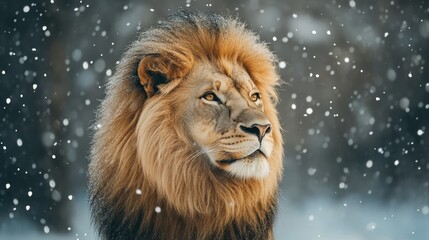 Fototapeta premium Majestic Lion with a Ferocious Gaze in Snowfall