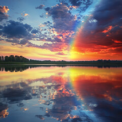 A stunning sunset reflecting on the lake and river, with vibrant orange and red hues in the sky, surrounded by clouds and the peaceful beauty of nature