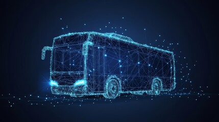 Digital City Bus Abstract Transportation Icon with Connected Dots and Triangles on Blue Background