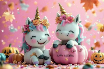 Obraz premium Cute pastel unicorns with flowers and pumpkins in a whimsical Halloween scene Generative AI