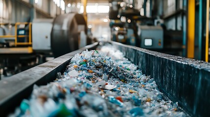 Close-up of shredded plastic waste being sorted on a conveyor belt in a recycling plant, with machines ready to process the material and space on the left for text,