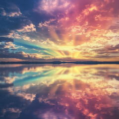 Sunset reflections on a tranquil lake with vibrant orange and red hues painting the sky and water, creating a beautiful evening landscape