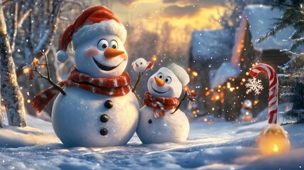 Obraz premium A Snowman Family Celebrating Christmas Day