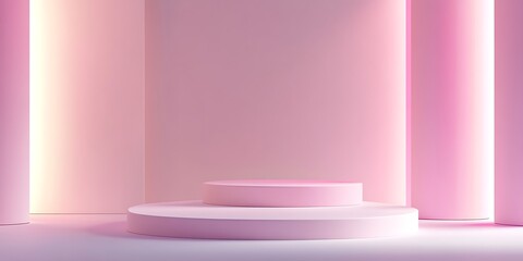 Minimalist Abstract Architecture with Pastel and Neon Lighting Featuring Geometric Shapes, Circular Platforms, and Soft Shadows for Futuristic and Artistic Stage Design