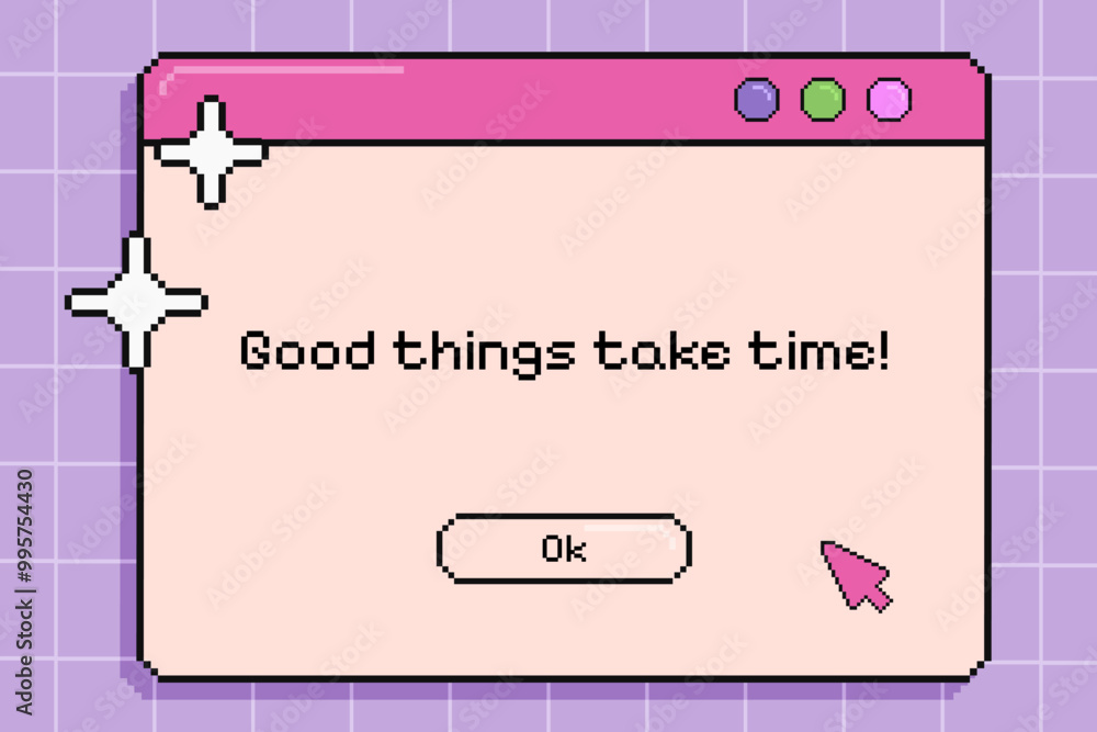 Fototapete retro pixel computer screen, vintage opened pc window, user interface with short cheering phrase on 