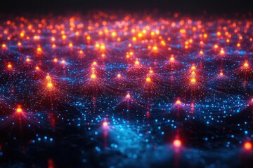 Obraz premium aerial view of interconnected crowd forming neural network pattern individuals represented by glowing nodes vibrant lines of communication against dark background
