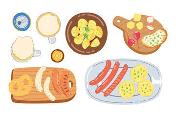 German beer and food festival with traditional cuisine isolated on simple background. Sausages, mustard, sauerkraut, bretzel.  Hand drawn trendy flat vector illustrations for bar menu, beer festival.