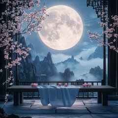 A serene cityscape at night with a window framing a glowing moon, surrounded by dark clouds and a hint of northern lights in the sky