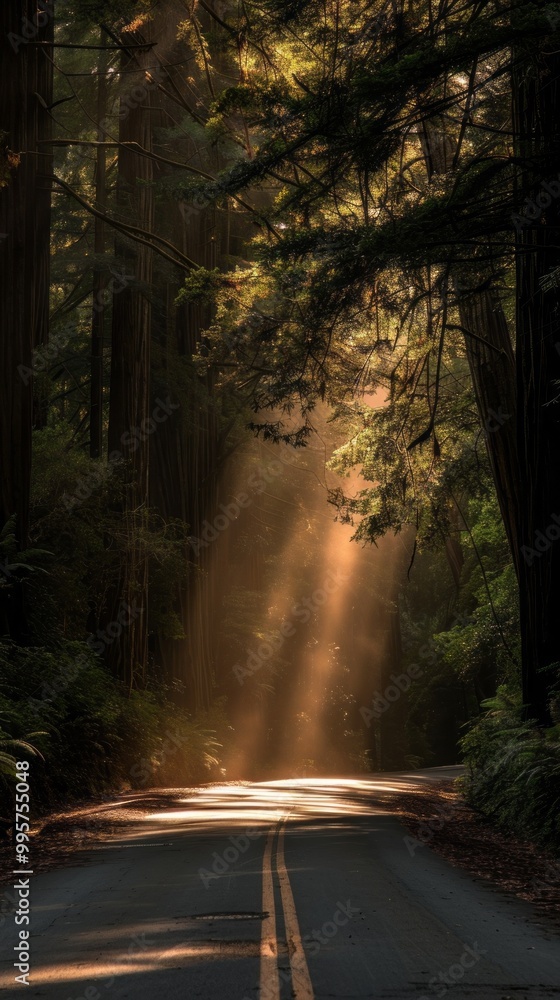 Poster a road with trees on either side and the sun shining on it