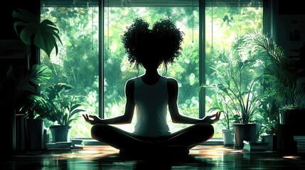 A person meditates peacefully in a sunlit room filled with greenery, creating a tranquil atmosphere for mindfulness and reflection