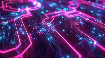 Fototapeta premium Abstract digital circuit board with glowing pink and blue lines and dots.