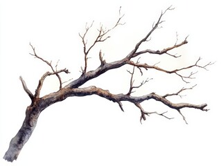 Dry tree branch with bare twigs, white isolate background.