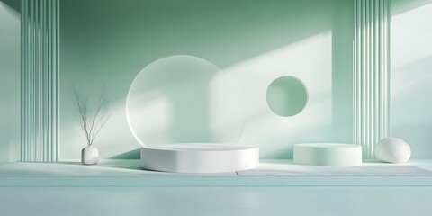 Minimalist Abstract Architecture with Pastel and Neon Lighting Featuring Geometric Shapes, Circular Platforms, and Soft Shadows for Futuristic and Artistic Stage Design