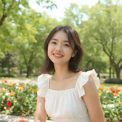 Fototapeta premium Young woman smiling in a green park setting