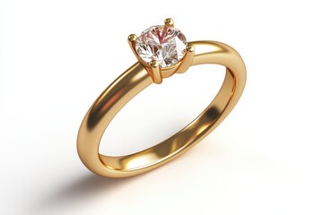 Elegant gold engagement ring with a sparkling diamond on a white isolated background.