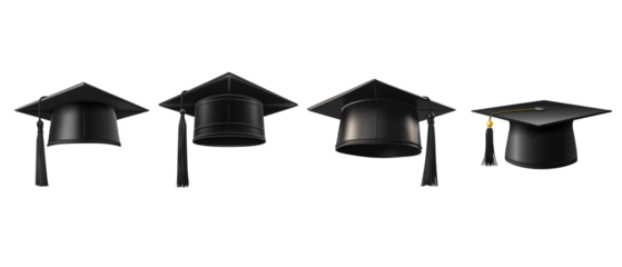set of black graduation cap with tassel isolated on a white background