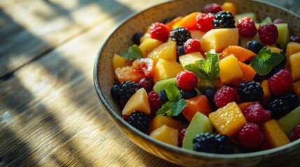 A vibrant bowl of fresh fruit featuring a mix of berries, melons, and tropical pieces, set against a rustic wooden backdrop.