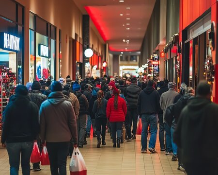 Black Friday doorbuster deals at a vibrant shopping mall, massive crowds lined up, bold signage, and excited shoppers rushing to grab discounts on products in high demand
