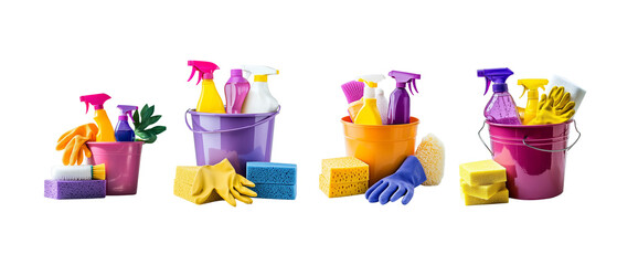 set of bucket of cleaning supplies, a spray bottle with purple and yellow liquid inside, a white background