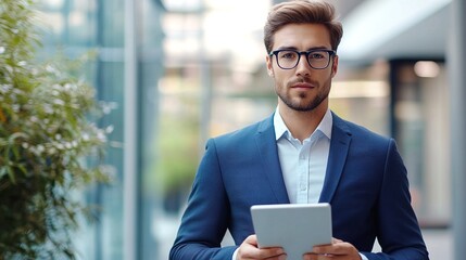 Fototapeta premium Professional Man with Tablet in Modern Office Setting