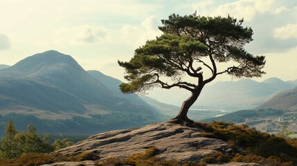 Obraz premium A solitary pine tree stands on a rocky outcrop overlooking a serene valley in the Scottish Highlands during the golden hour