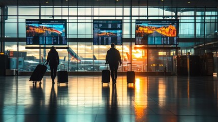 Black Friday travel deals at an airport, large screens displaying discounted flights, excited passengers with suitcases, and banners promoting holiday getaways at unbeatable prices
