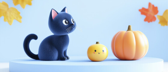 Fototapeta premium fondo de dibujos animados en 3d de un gatito adorable negro junto a calabazas amarillas y naranjas sobre fondo azul pastel. Concepto celebraciones de halloween