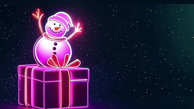 Pink Christmas glowing neon light in shape of a snowman sitting on a pink gift box and waving. Snowman sitting on side of the screen rest of screen has space for text. Dark background, loopable video 