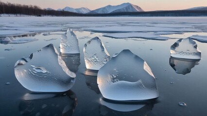 icebergs are on a lake with mountains in the background.