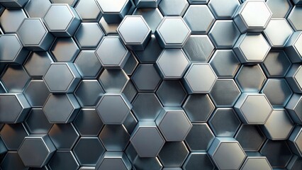 Metallic hexagons forming a three dimensional pattern, creating a modern abstract background