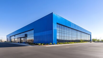 Obraz premium A modern warehouse with blue walls and a light gray roof, set against the backdrop of clear skies in an empty parking lot