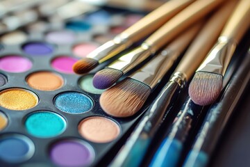 Set of professional makeup brushes resting on colorful eyeshadow palettes featuring metallic and shimmer finishes for creative and vibrant beauty applications
