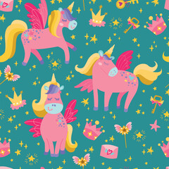 Cute pattern with pink unicorns and stars. Magic seamless background.