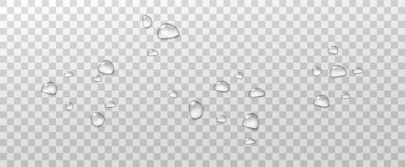 Realistic vector water drops png on a transparent light background. Water condensation on the surface with light reflection and realistic shadow. 3d vector illustration