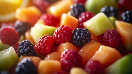 A vibrant assortment of fresh fruits including berries, melons, and citrus, beautifully arranged for a colorful and healthy treat.