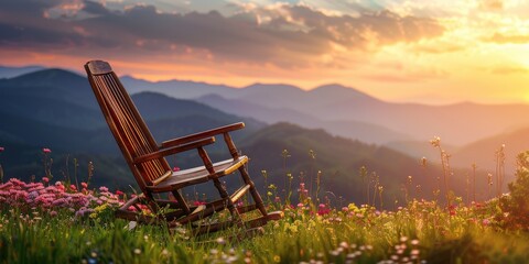 Cozy wooden rocking chair isolated on transparency, with a backdrop of sunrise-lit mountains and blooming spring flora.