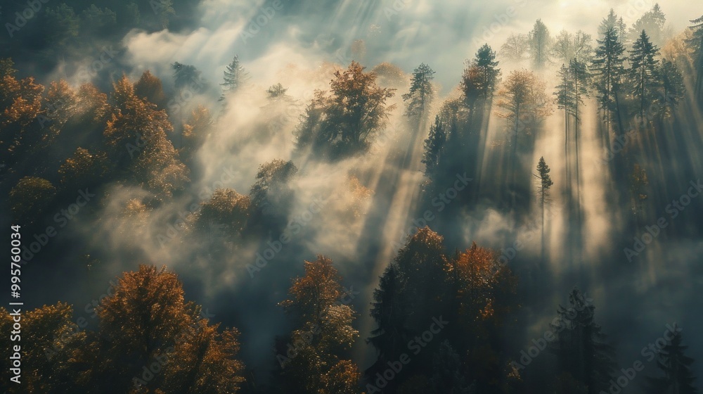 Poster a misty forest with trees and sunlight shining through the trees