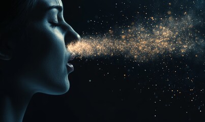 Woman blows golden sparkles from her mouth.