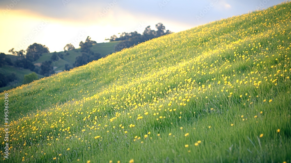 Wall mural A lush green hillside covered in yellow wildflowers with a sunset in the distance.