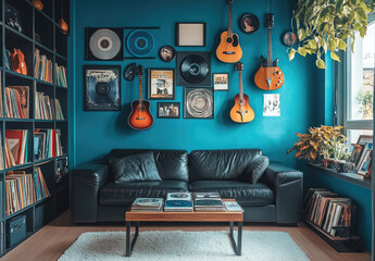 A living room wall with vinyl records on a blue background, a black leather sofa and coffee table against white carpet flooring, framed musical instruments on shelves, a guitar, a vinyl player, record