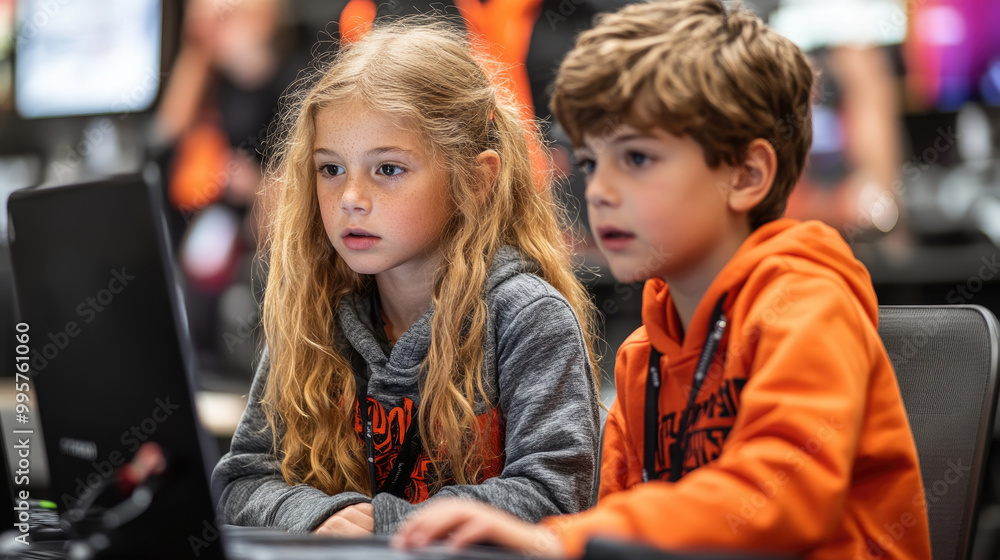 Poster two kids concentrate on their screens while participating in a coding workshop focused on technology