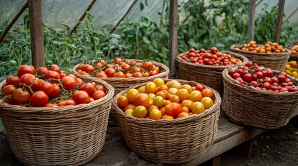 Various varieties of tomatoes in baskets by the greenhouse. gathering tomatoes.