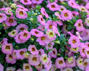 close up side view of yellow and pink Million Bells blossoms in a planter